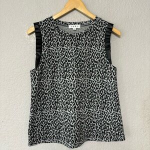 THML Knit Leopard Leather Sleeve Ruffle Top Size S